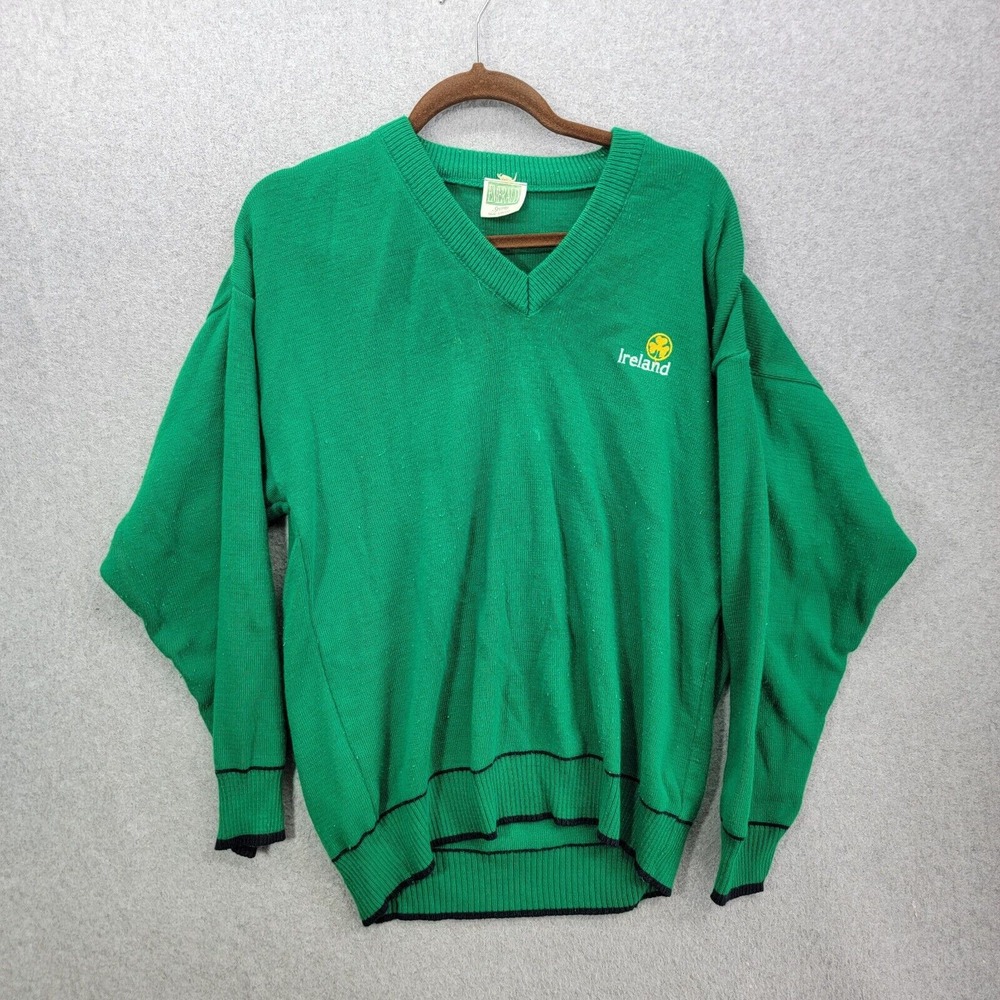 VINTAGE 1980's IRELAND KNIT SWEATER MENS L EMERALD SPORTS GREEN SHAMROCK 80's